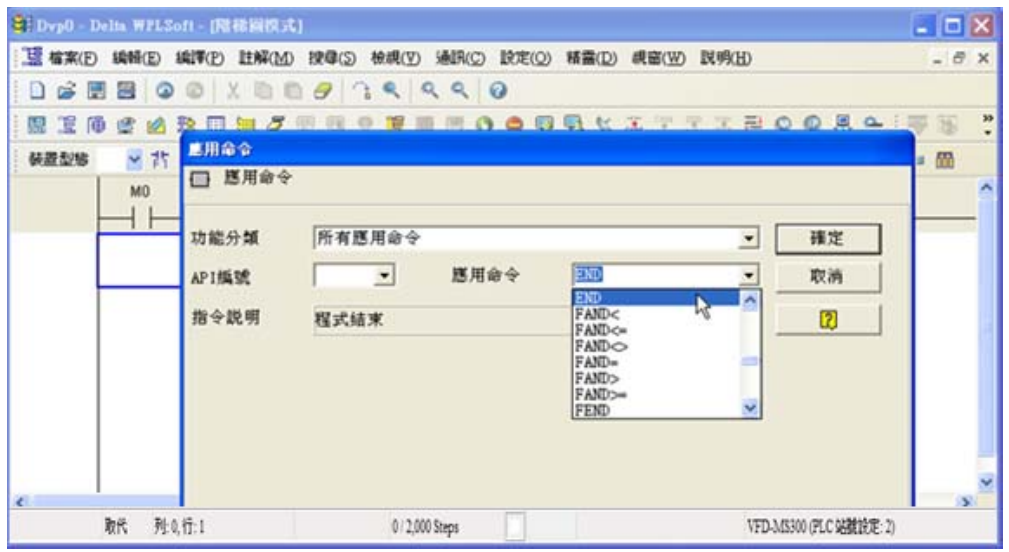 5. 點(diǎn)選應(yīng)用命令圖示 或按功能鍵 F6，在功能分類字段中點(diǎn)選「所有應(yīng)用命令」，在應(yīng)用命令下 拉選單中點(diǎn)選 END 指令或于該字段直接鍵盤鍵入“END”后按下確定鈕。